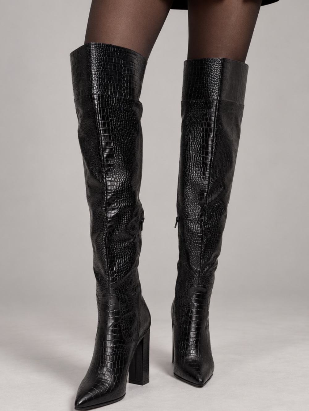 Black Faux Crocodile-Embossed Knee-High Boots Sz 5
